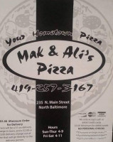 Mark Ali's Pizza menu