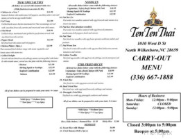 Tenten Thai menu