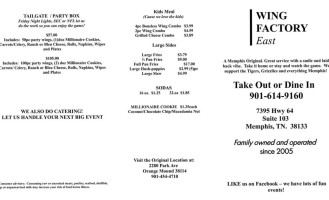 The Wing Factory East menu