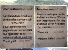 Waipuna Sushi menu