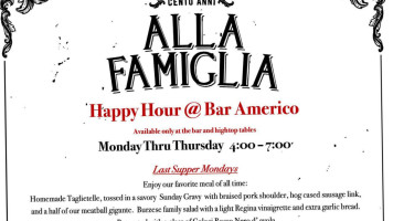 Alla Famiglia Restaurant menu