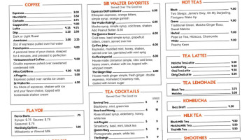 Sir Walter Coffee menu