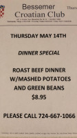 Bessemer Croatian Club menu