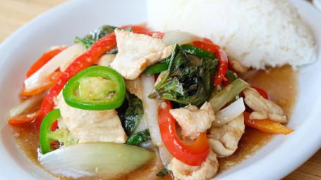 Crispy Spring Roll Pad Basil Chicken With Jasmine Rice