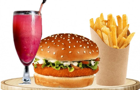 Mutton Burger, French Fries, Pina Colada Rose