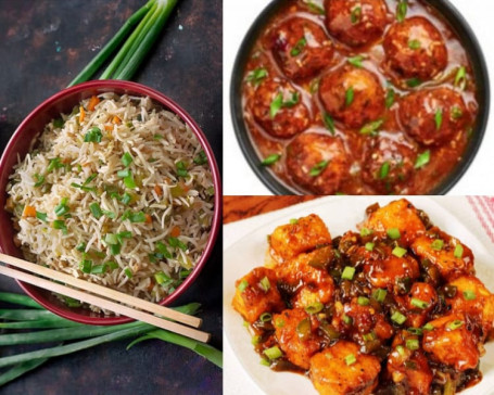 Veg Fried Rice [750Ml] 3 Pcs Veg Schezwan[250Ml] 3 Pcs Paneer Manchurian[250Ml]