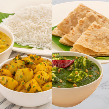 Homestyle Dal Tadka, Aloo Rice, Palak Paneer Con Parathas