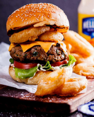 Cottage Cheese Marinara And Crispy Onion Rings Burger