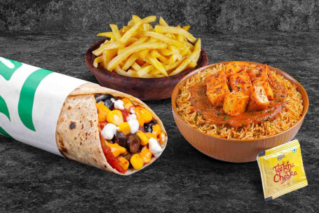 (Per 2 Persone) Veg Pizza Wrap Paneer Rice Bowl Fries Meal