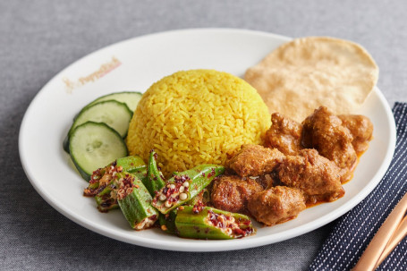 Nasi Kunyit With Curry Mutton And Okra