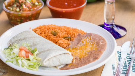 Shredded Chicken Burro, Rice Beans