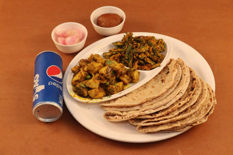 Aloo Masala Bhindi Kurkure Made With Refind Fresh Oil 5 Tawa Roti Sweet Cold Drink Can