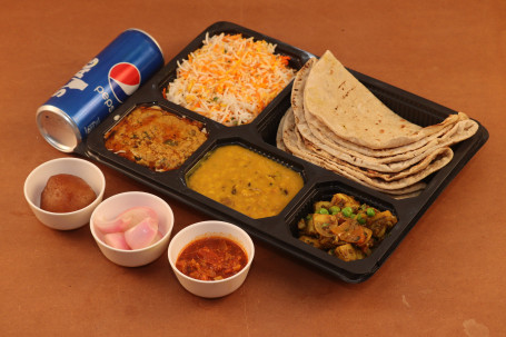 Paneer Thali- Kadhai Paneer Aloo Matar Dal Fry 4 Tawa Roti Rice Sweet Cold Drink Can