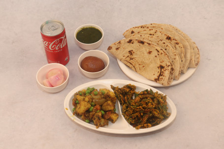 Aloo Matar , Bhindi Kurkuri 5 Roti , Cold Drink Can , Salad, Sweet