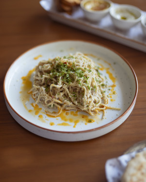 Spaghetti, Mushroom Cream, Parmesan, Chili Oil, Pepper