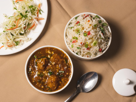 Manchurian Gravy With Veg Fried Rice, Cabbage Salad