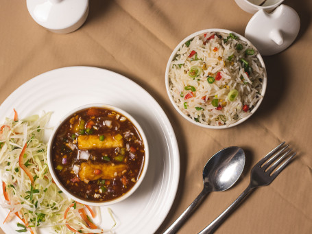 Paneer Chilli Gravy With Veg Fried Rice And Cabbage Salad