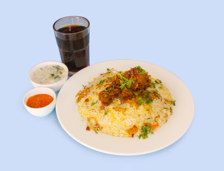 Chicken Biryani Cold Drink (Served With Flavorful Gravy, Raita, Onions And Special Green Chatni)(400Gm Chicken Biryani 250Ml Pet Bottle)