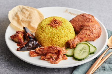 Special Nasi Kunyit With Fried Chicken, Sambal Sotong And Sambal Eggplants