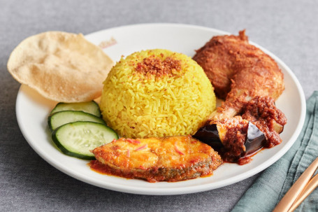 Special Nasi Kunyit With Fried Chicken, Asam Fish And Sambal Eggplants