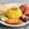 Special Nasi Kunyit With Fried Chicken, Asam Fish And Sambal Eggplants