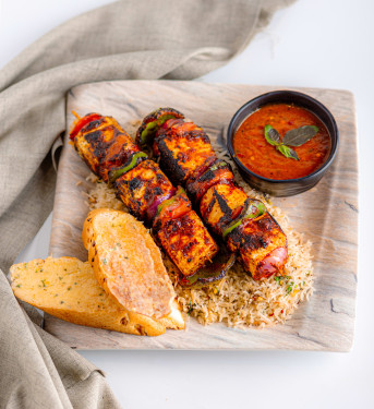 Shashlik Paneer On A Bed Of Basil Rice