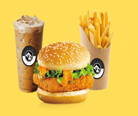 Spicy Paneer Burger With Regular Fries And Cold Brew Coffee