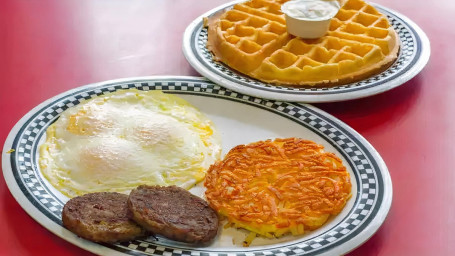 Breakfast Platter #3 Eggs (3) Cooked To Style, Bacon Or Sausage, Hashbrowns And Golden Belgian Waffle