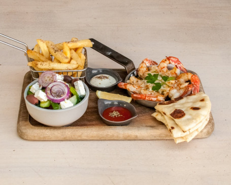 Marinade Prawns, Mixed Cheese, Tomato Salsa, Pita Bread, Greek Salad, Aioli Sauce, Sriracha