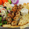 Chicken Kebab With Fries Rice Greek Salad And Pitta Bread