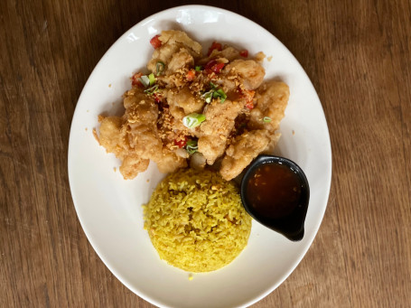 Salt Pepper Garlic Chicken With Fried Rice.