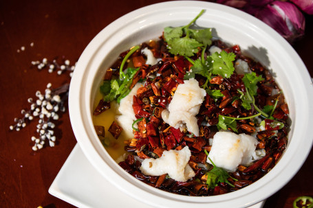 Seasoned Sliced Cod Fillet Topped With Sizzling Sichuan Style Aromatic Oil Shuǐ Zhǔ Xuě Yú Piàn