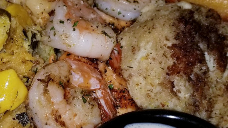 Grilled Seafood Platter, Salmon, Crab Cake, Jumbo Shrimp