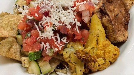 Vegan Chilaquiles, Eggplant, Zucchini, Cauliflower, Salsa Verde Vegan Cheese, Pico De Gallo