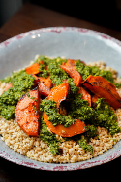 Roasted Squash, Pearl Barley And Vegan Pesto