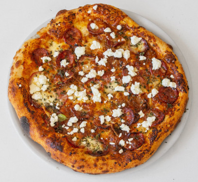 Pepperoni, Arrabbiata, Caramelised Onion, Mozzarella, Fior Di Latte, Goats Cheese, Thyme