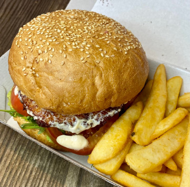 Chicken Schnitzel Burger With Avocado, Aioli Chunky Chips