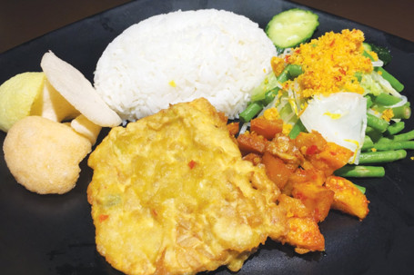 Nasi Urap(Tempe) Shredded Coconut Vegetable Rice With Deep-Fried Soybean Cake