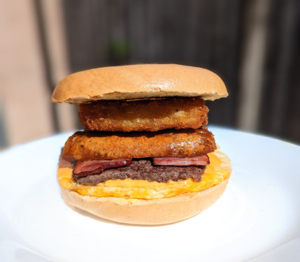 The Big Man Bagel Egg, Cheese, Beef Sausage, Turkey Bacon, Beef Slice, Hash Brown