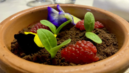 Torta Al Cioccolato In Vaso Mousse Al Cioccolato Belga, Coulis Di Frutti Rossi, “Terra” Al Cacao