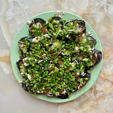 Roasted Aubergine With Pea Salsa, Tahini And Shawarma Spiced Onions