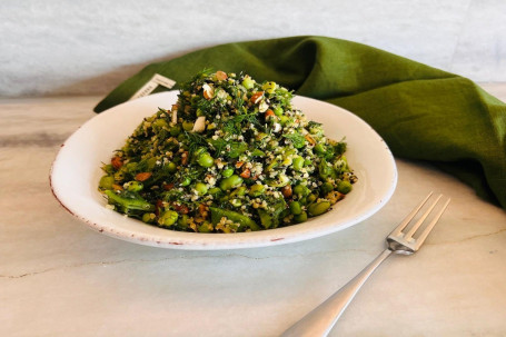 Cobra Bean, Pea Edamame Bean, Quinoa Roasted Almonds With Soft Herbs, And Lemon Dijonnaise Dressing