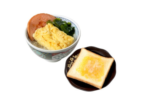 Wǔ Cān Ròu Nèn Huá Chǎo Dàn Mǐ Fěn Pèi Duō Shì Luncheon Meat And Scrambled Egg With Rice Vermicelli And Toast