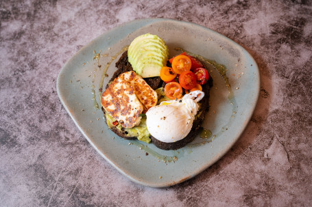 Grilled Halloumi, Guacamole Tartine With Egg