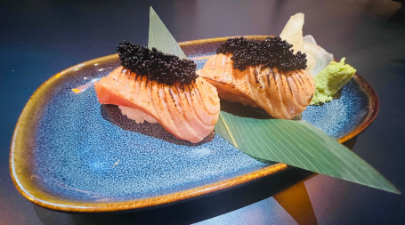 Salmon Aburi Zuke With Black Tobiko Nigiri